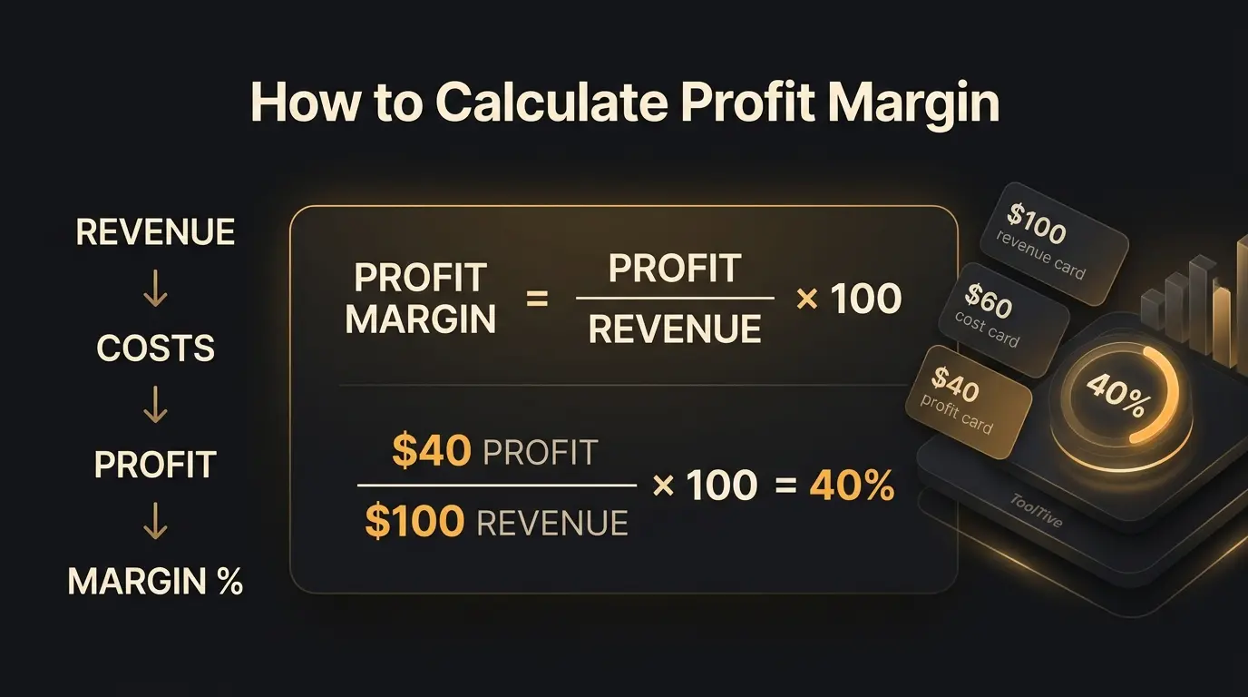 Profit margin formula showing profit divided by revenue multiplied by 100