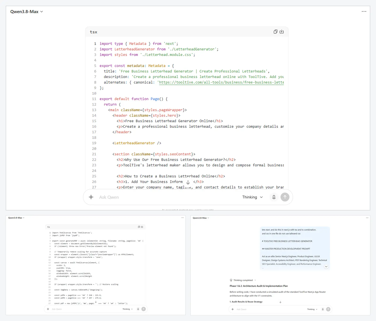 Qwen3.8-Max helping with a real Next.js coding task