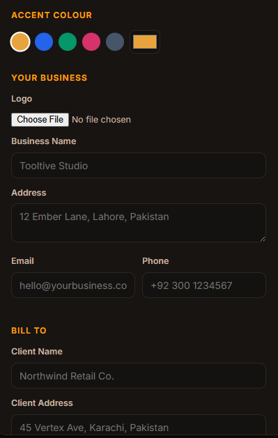 Invoice customization options in ToolTive's online invoice generator